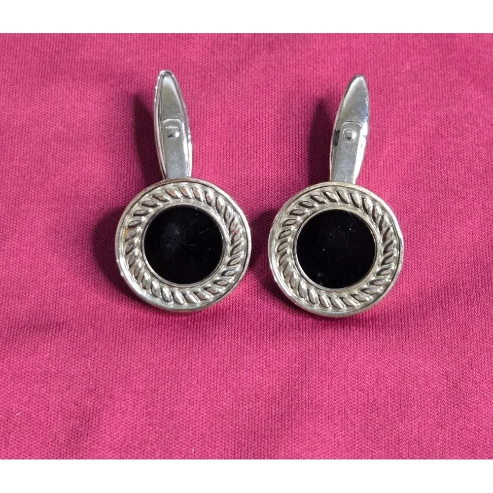 Vintage Men's Silver Tone Round Black Onyx Style Cufflinks Rope Border Bullet Ba